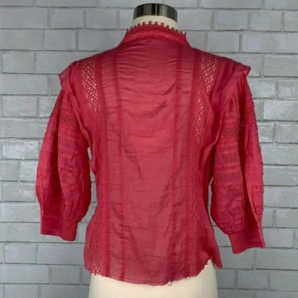 FP FREE PEOPLE Lace Crochet Puff Poof Sleeve Button Front Victorian Blouse XS